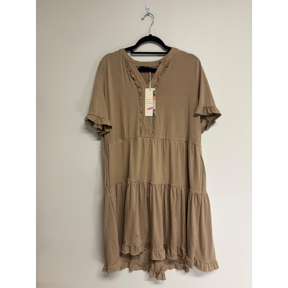 Dokotoo Womens Tan‎ V Neck Short Sleeve Casual A Line Flowy Mini Dress, Size 2XL